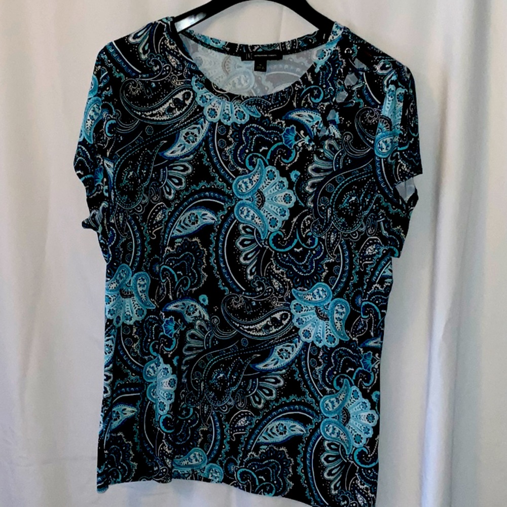 INC ladies tee teal black paisley lace detail XL